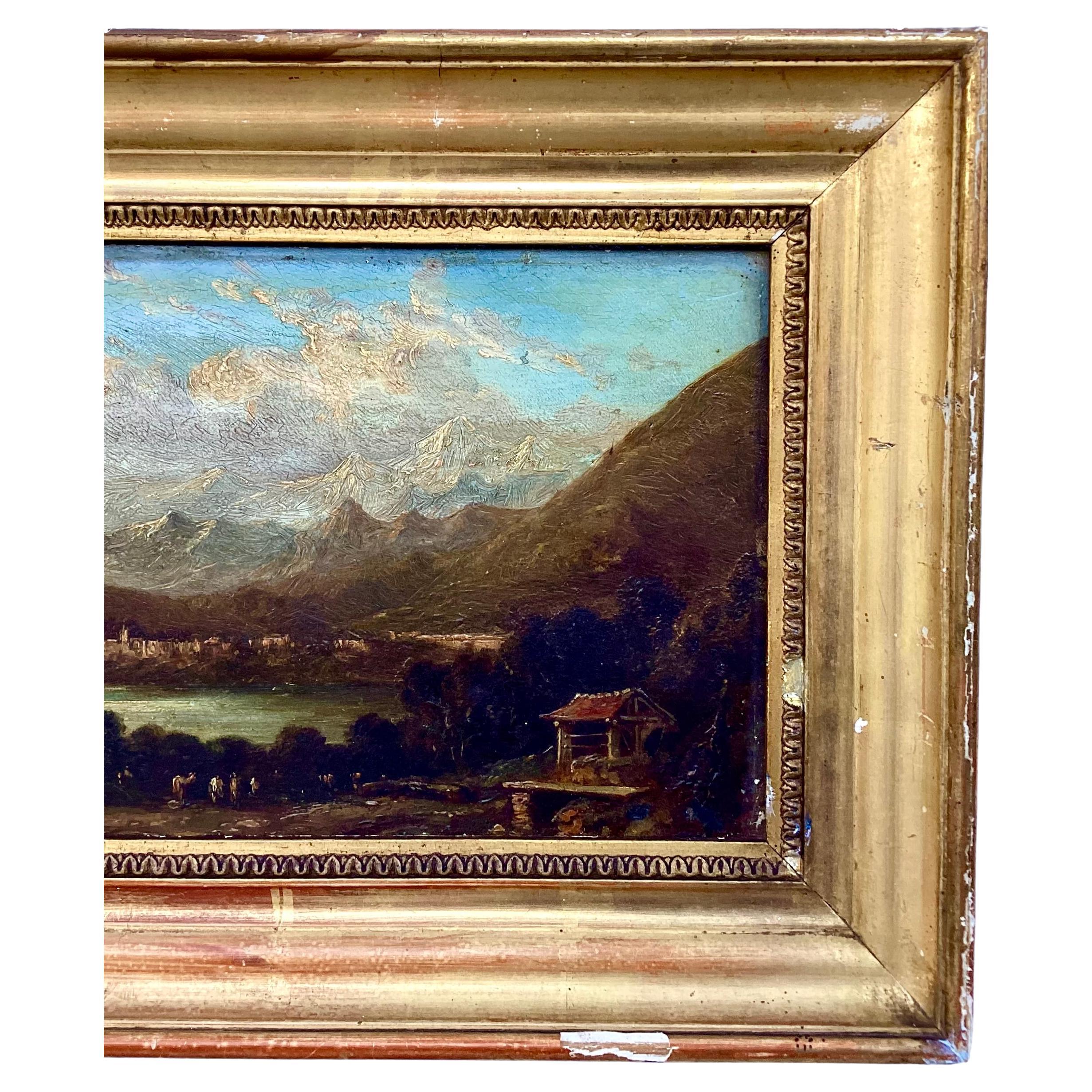 XIXe siècle Huile sur panneau, paysage de montagne européen du 19e siècle en vente