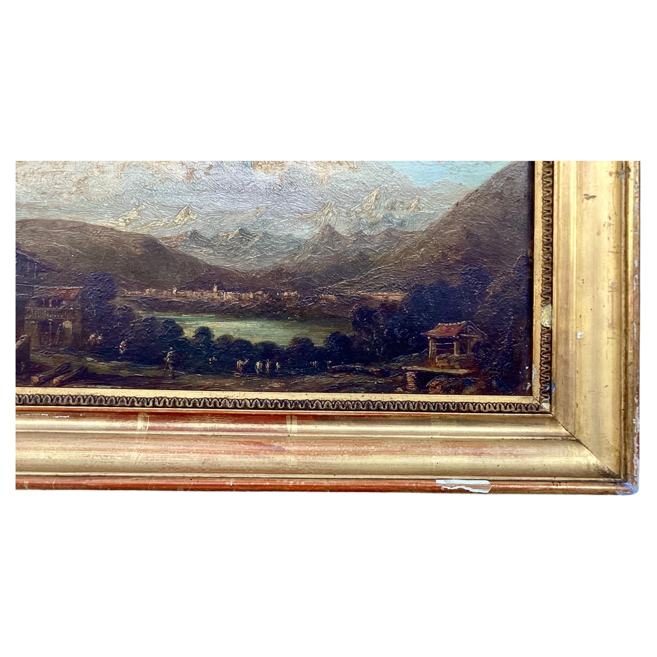 19th Century European Mountain Landscape Oil On Board In Good Condition For Sale In Bradenton, FL