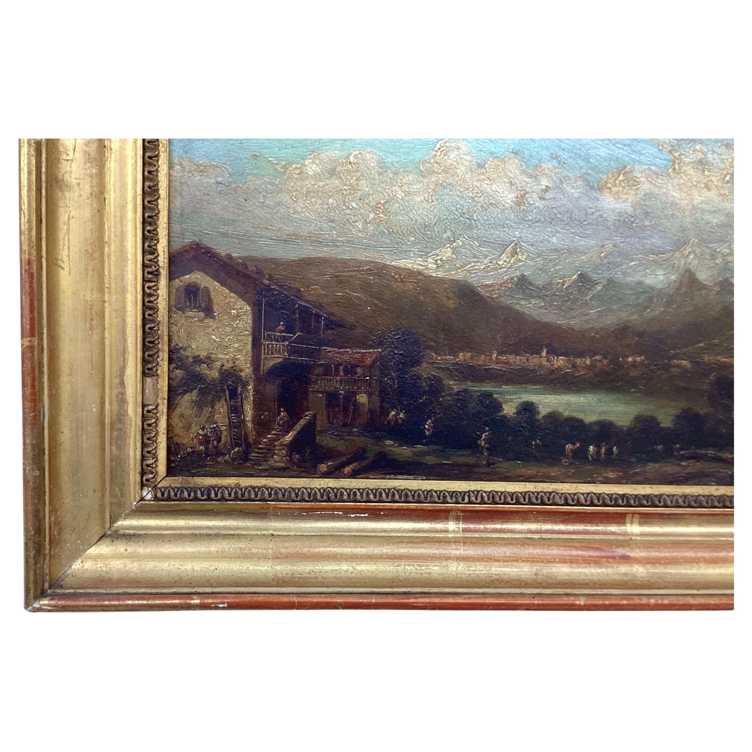 italien Huile sur panneau, paysage de montagne européen du 19e siècle en vente