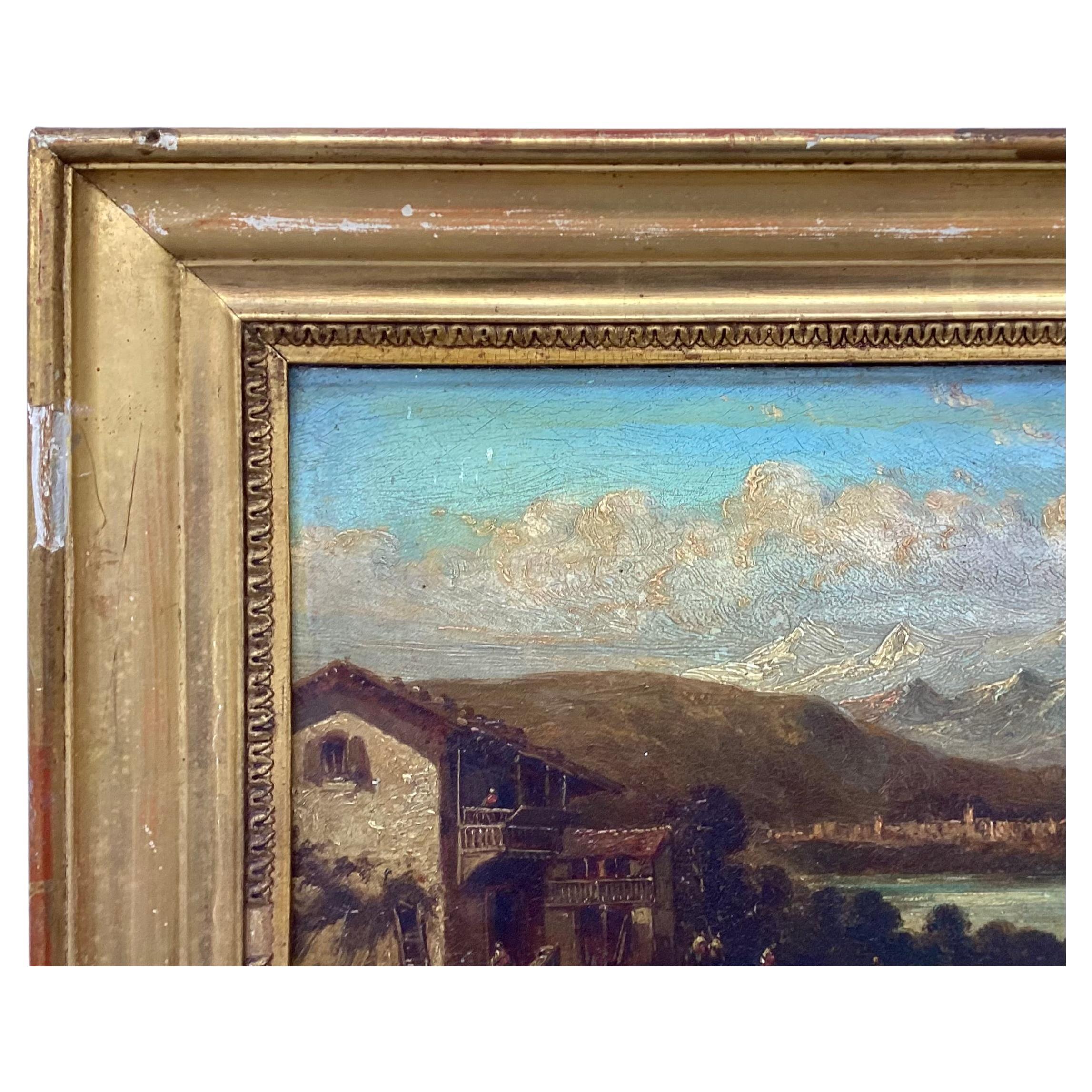 Neoclassical 19th Century European Mountain Landscape Oil On Board For Sale