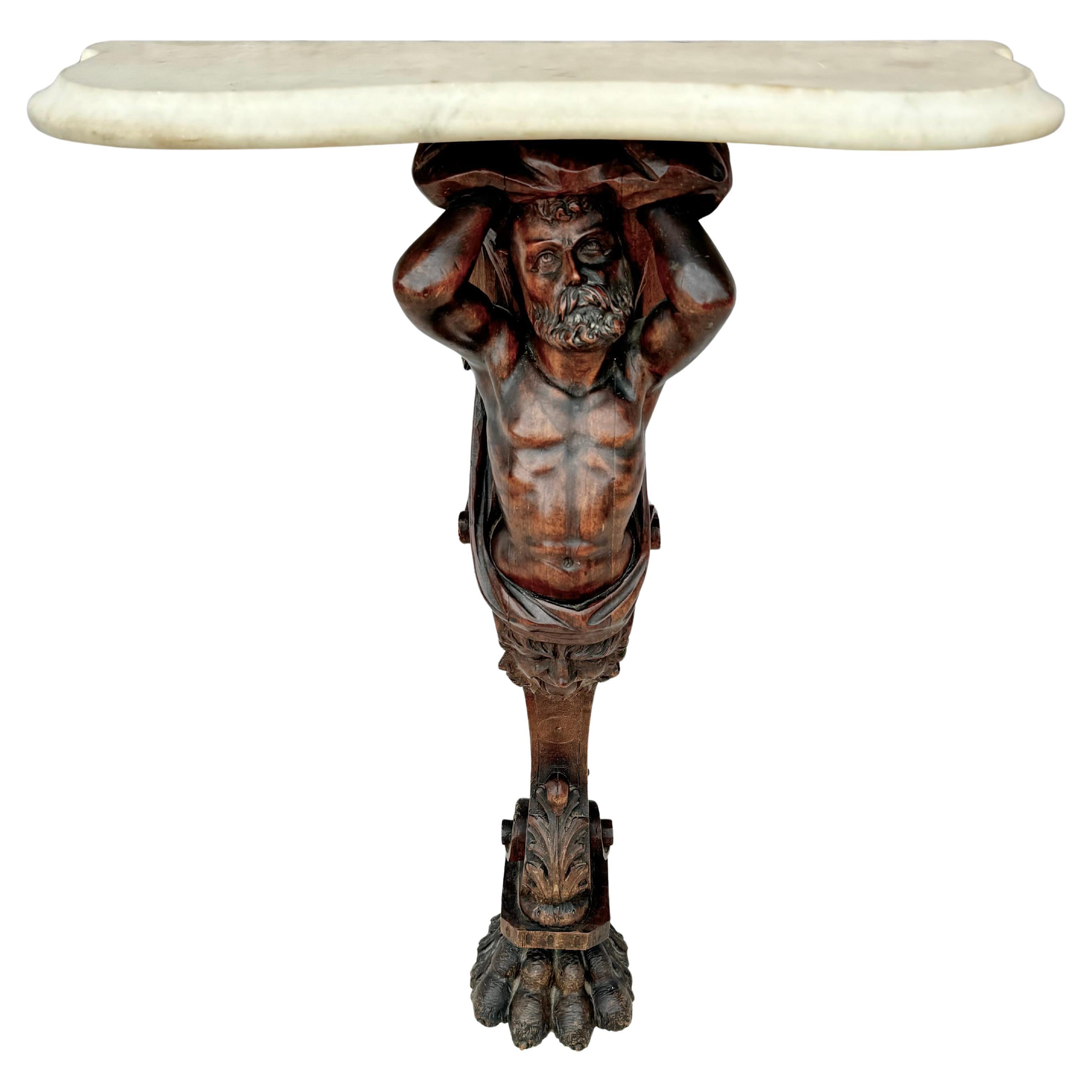 Carved Walnut Figure Wall Console With Marble Top