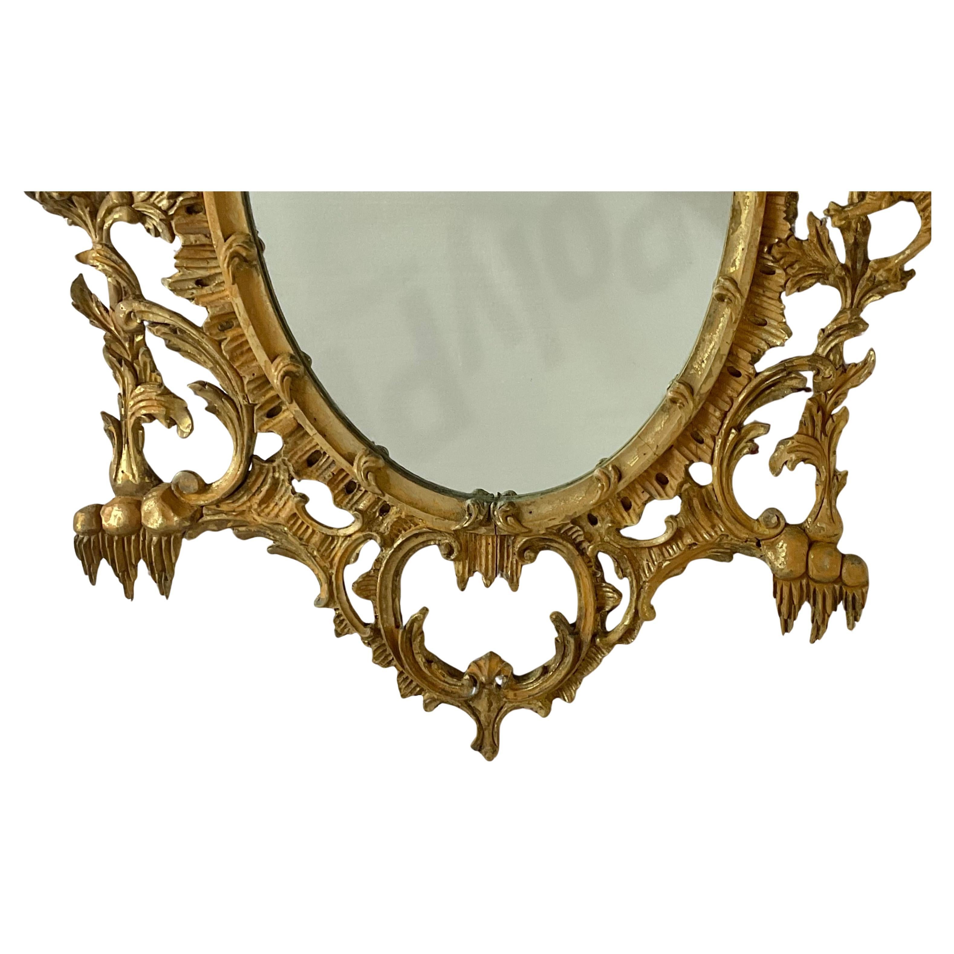 English Chinese Chippendale Style Oval Giltwood Mirror, 20th Century For Sale
