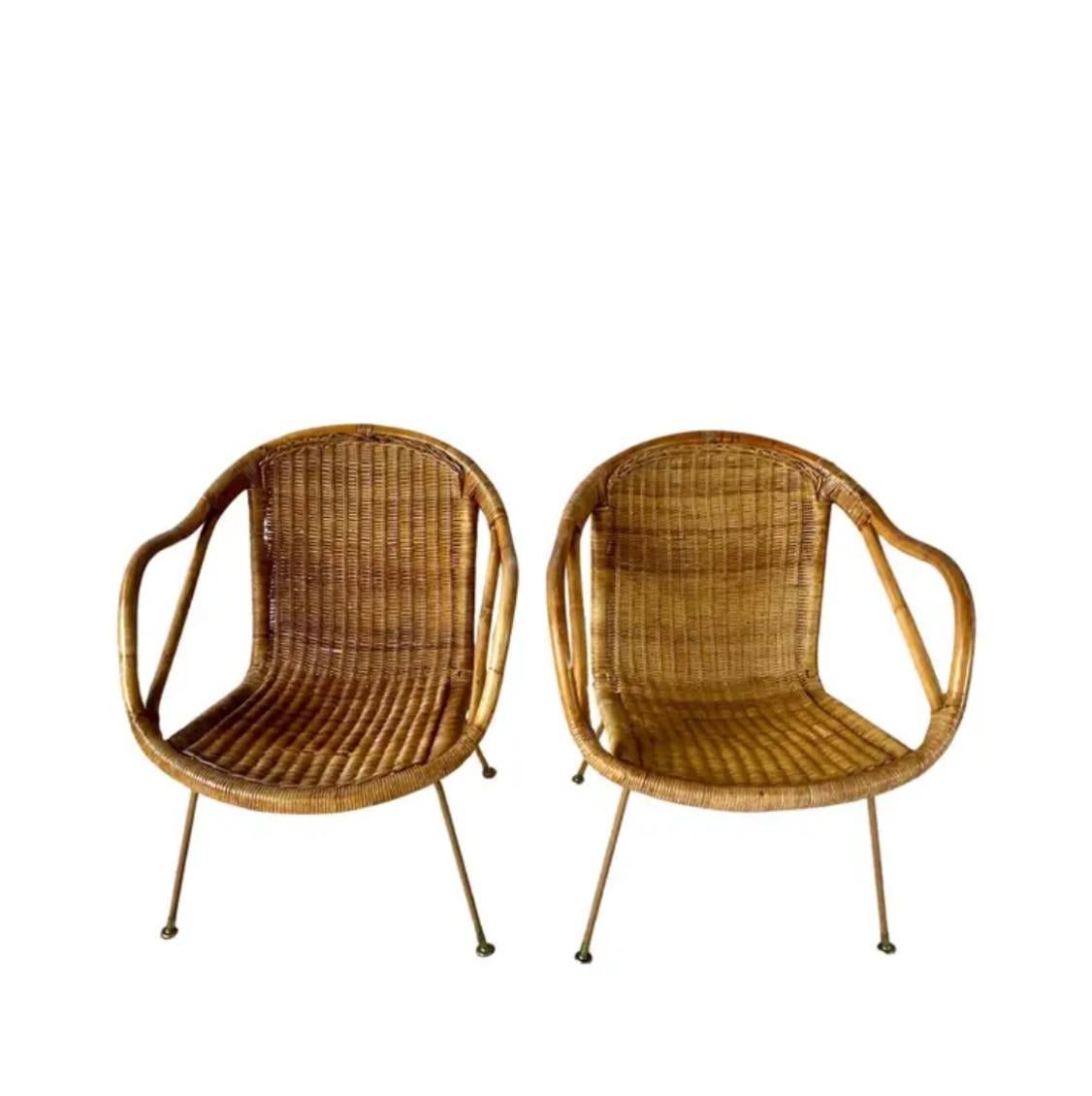 Pareja de sillones de ratán de mediados de siglo de Paul McCobb para Calif-Asia Moderno de mediados de siglo en venta