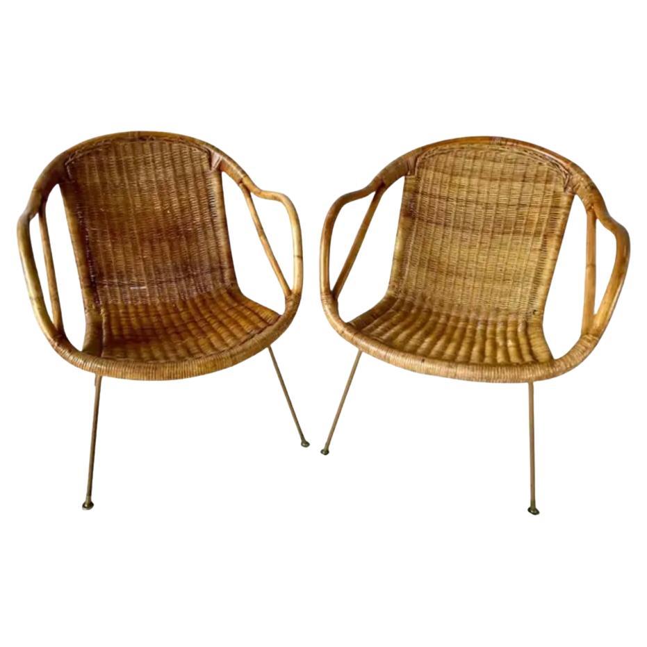 Pareja de sillones de ratán de mediados de siglo de Paul McCobb para Calif-Asia en venta