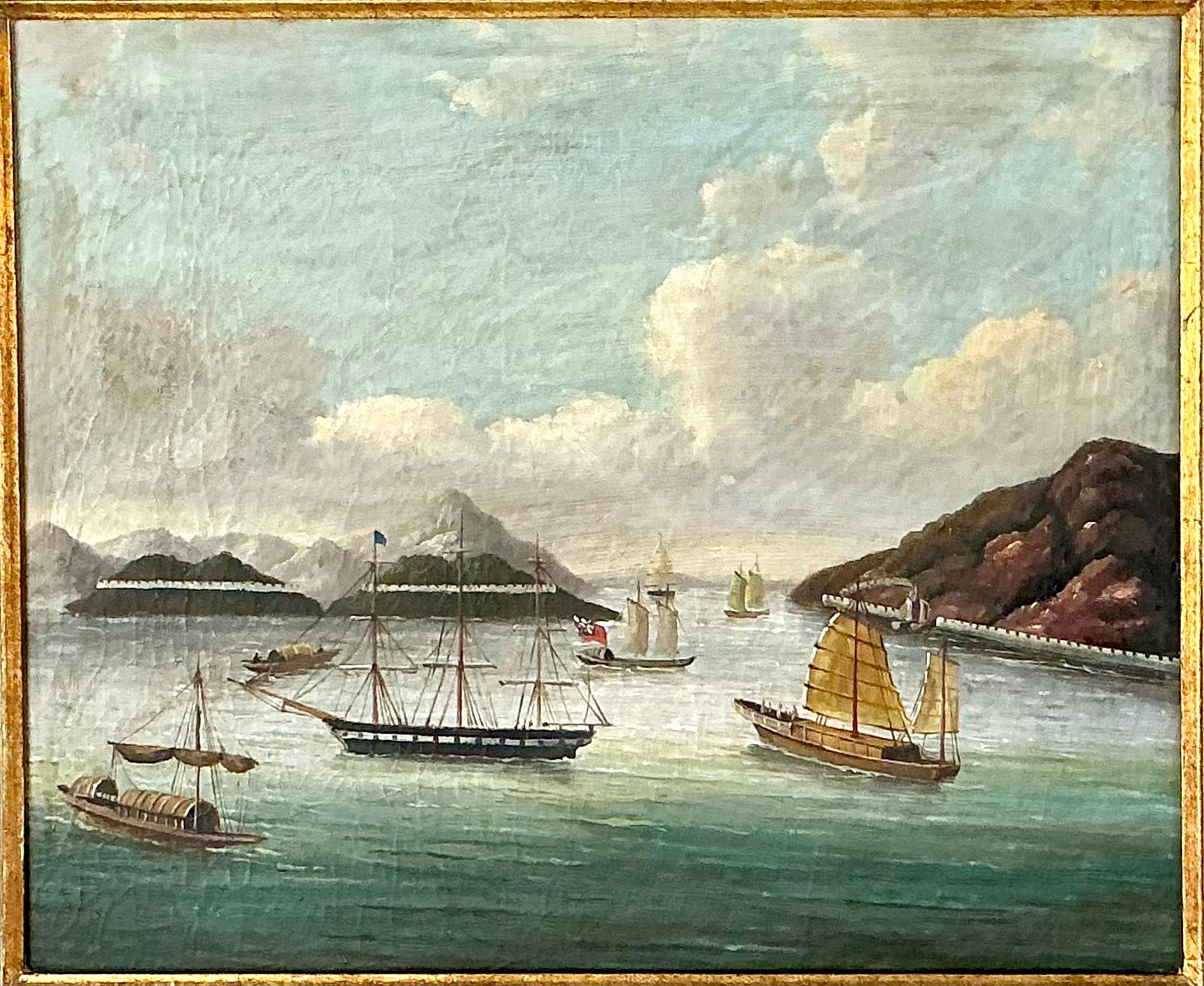 Mitte des 19. Jahrhunderts Chinesische Schule Seelandschaft Malerei, Blick auf Boca Tigris. Öl auf Leinwand, in Giltwood-Rahmen. Das Gemälde stellt eine ruhige Hafenszene im Stil der chinesischen Exporttradition dar, die in der Qing-Dynastie