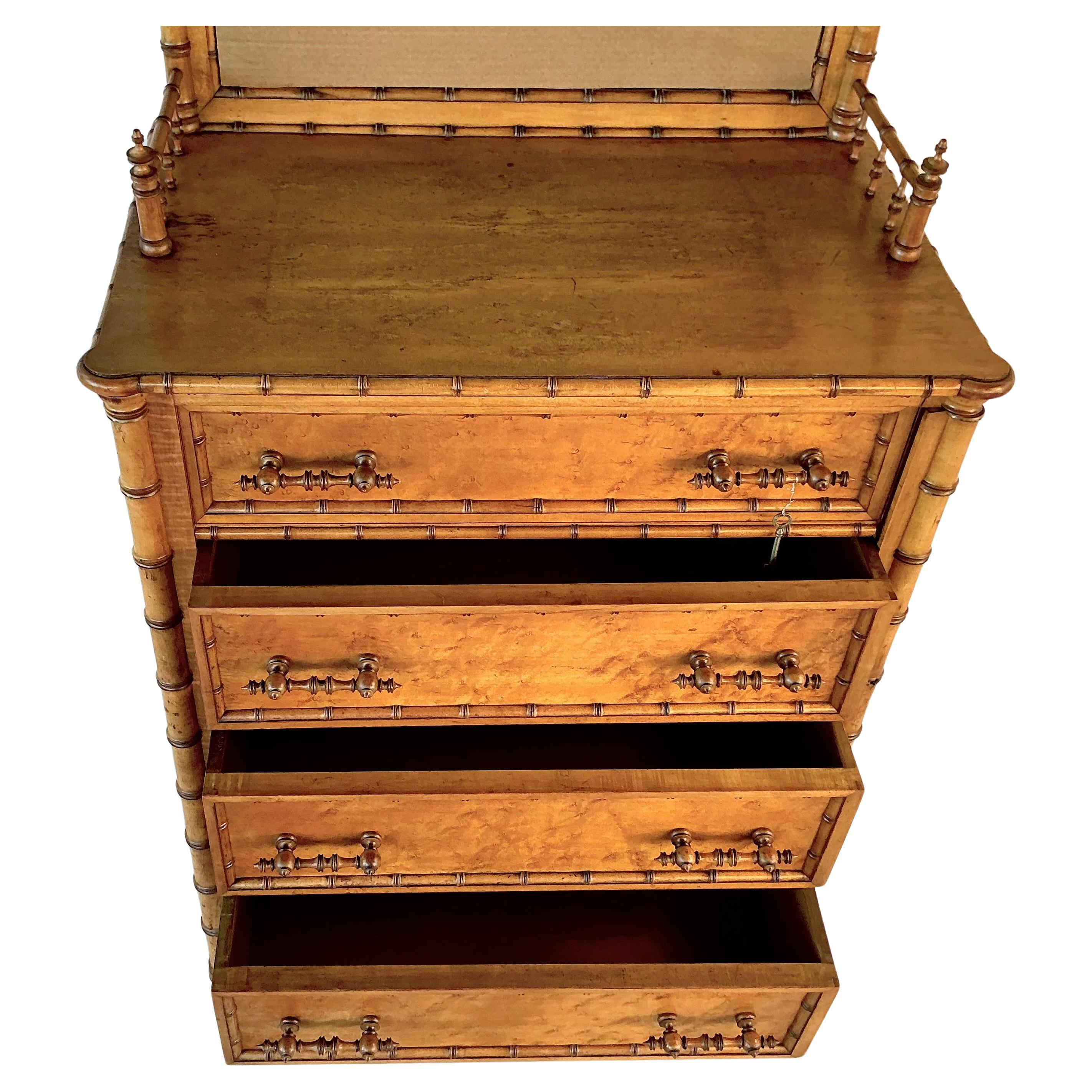 19th Century R J Horner Bird's Eye Maple and Faux Bamboo Chiffonier For Sale