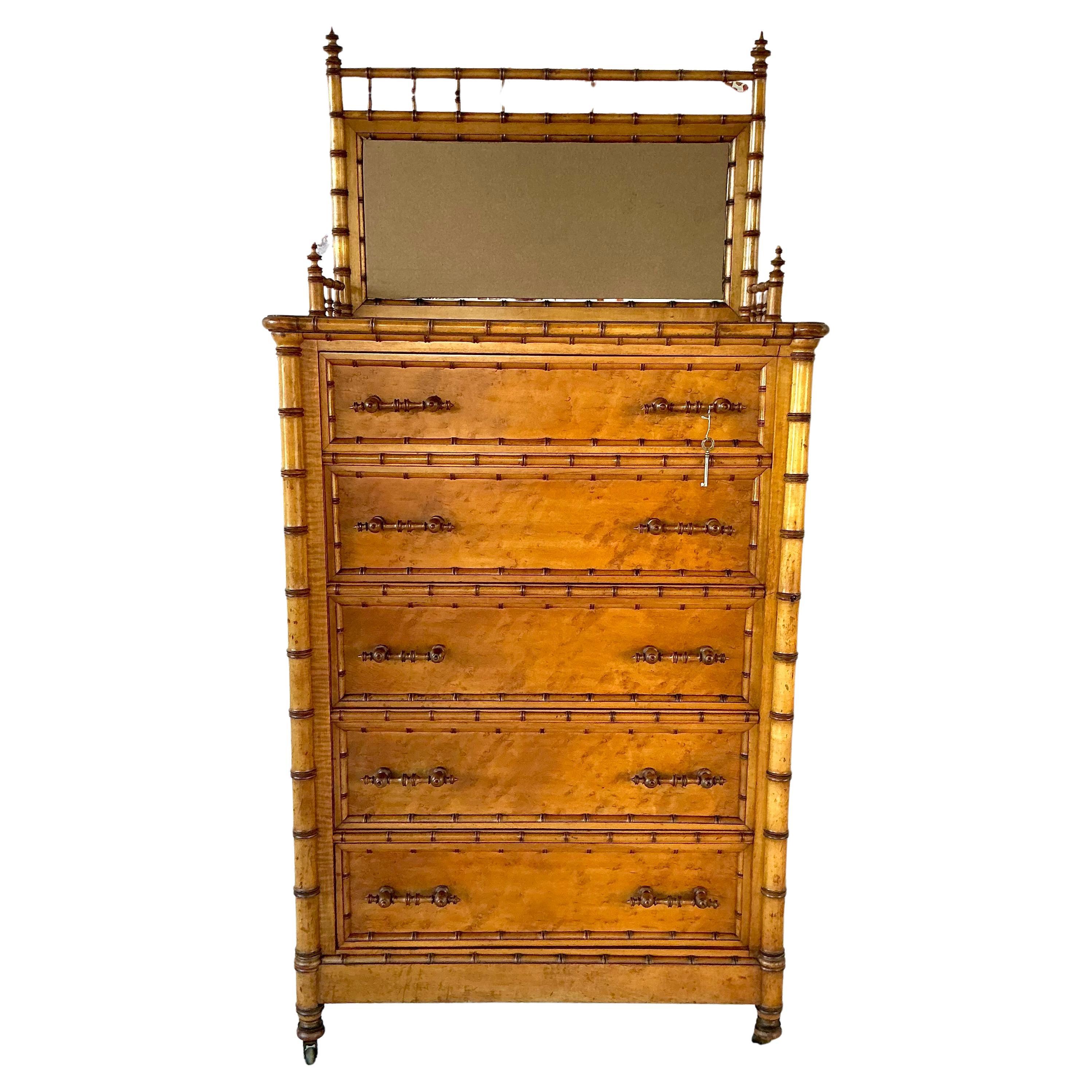 American R J Horner Bird's Eye Maple and Faux Bamboo Chiffonier For Sale