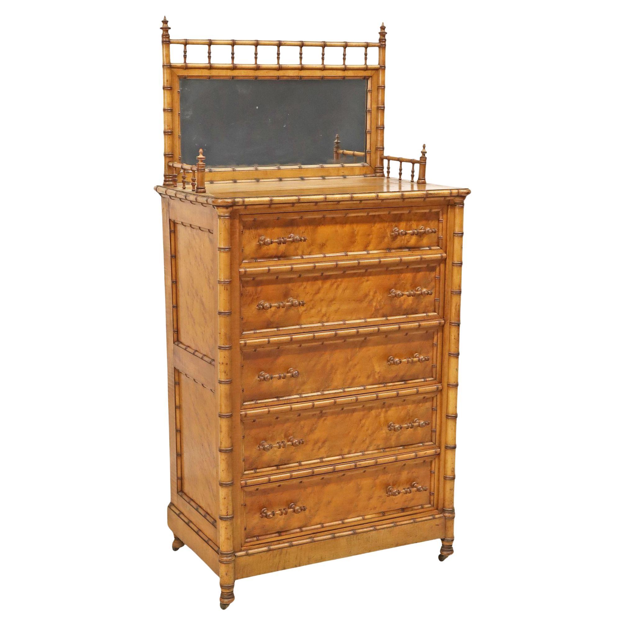 R J Horner Bird's Eye Maple and Faux Bamboo Chiffonier For Sale