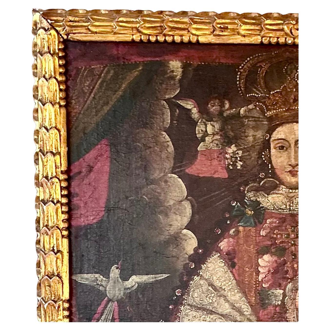 Außergewöhnliches Öl auf Leinwand aus der spanischen Kolonialschule von Cuzco aus dem 17. Jahrhundert mit der Darstellung der Jungfrau Maria. Maria hält das Christuskind, umgeben von Engeln und üppigen Blumenmotiven. Die Malerei zeichnet sich durch