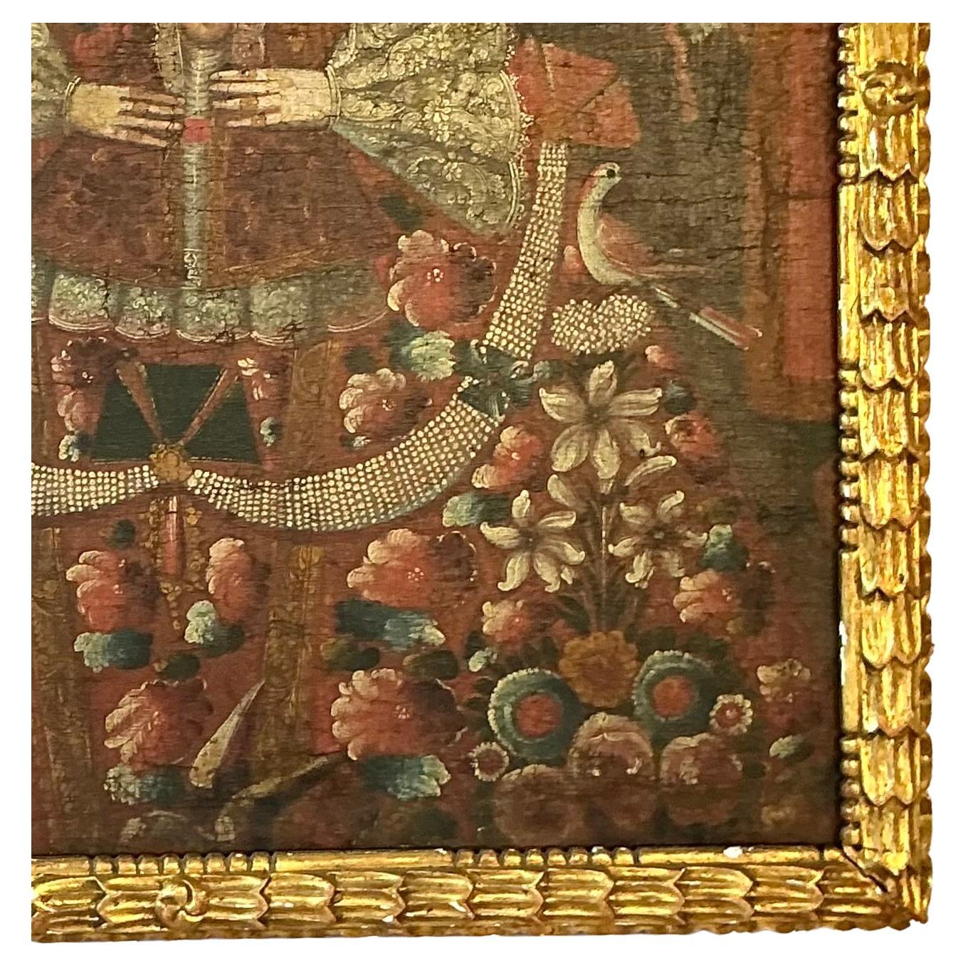 Spanische Kolonialschule in Cuzco Gemälde der Jungfrau Maria (Handbemalt) im Angebot