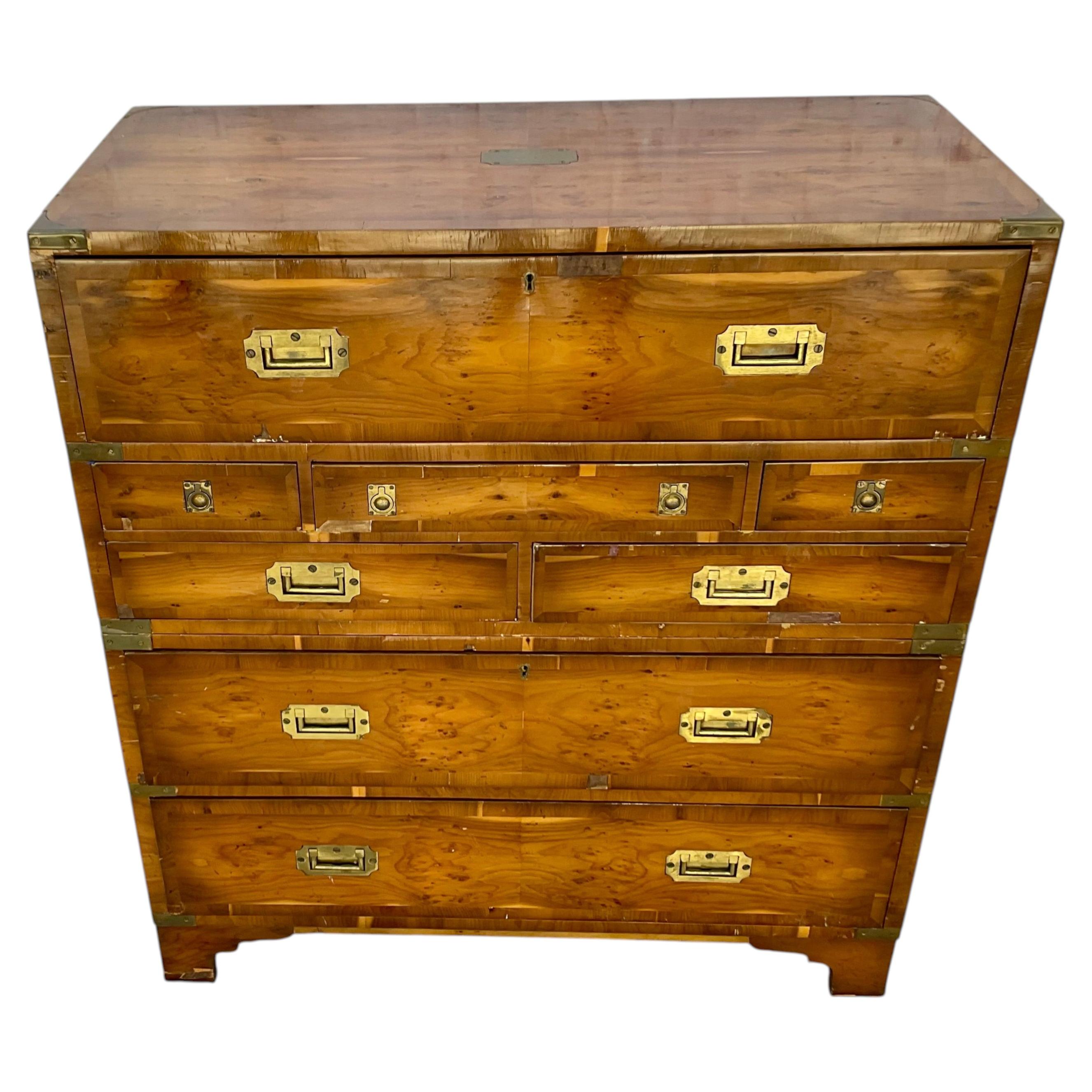 Regency Style Walnut Campaign Chest of Drawers with Brass Accents