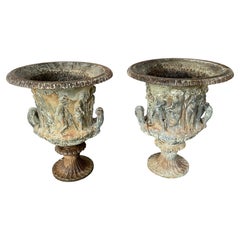 19th Century French Cast Iron Medici Borghese Garden Urns Pair