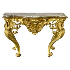 Consolle in stile Luigi XV francese, in legno dorato con piano in marmo
