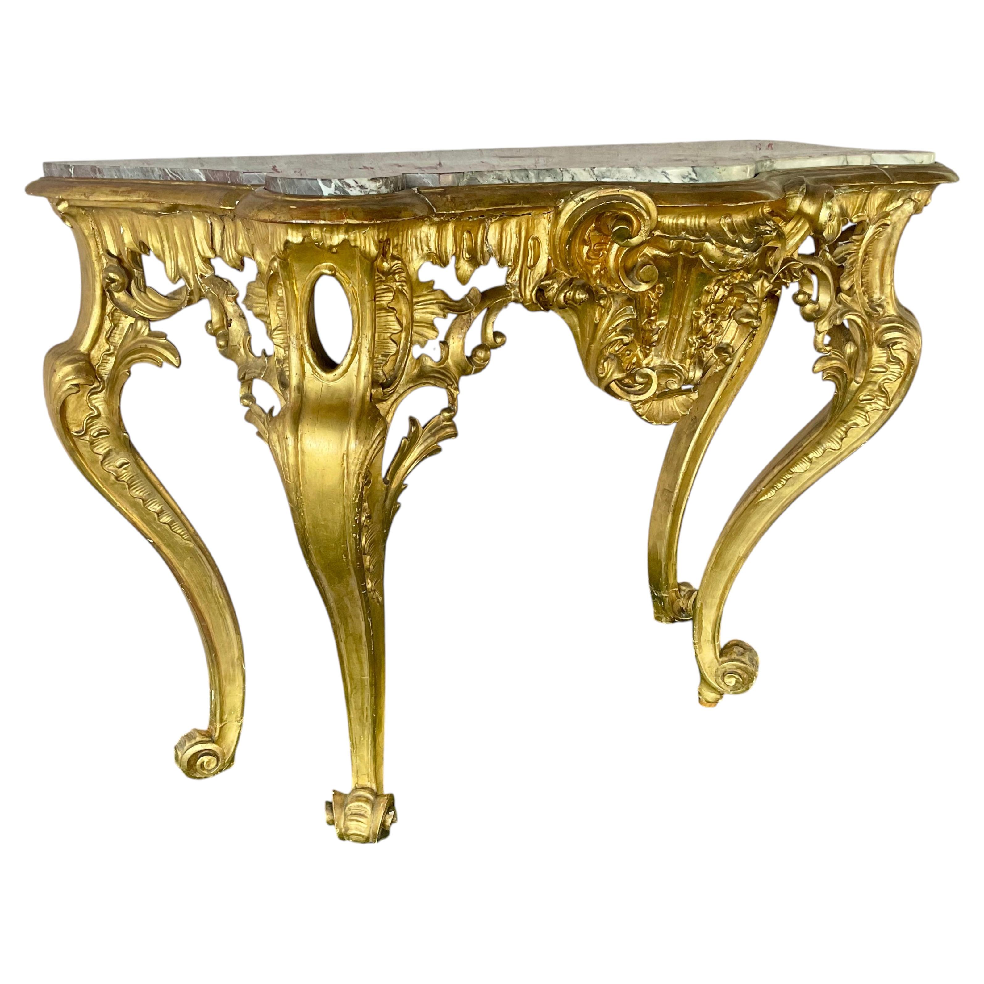 French Louis XV Style Giltwood Console Table with Marble Top For Sale