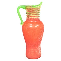 Vintage Murano Art Glass Pitcher, Scavo-Style, Coral-Red & Green