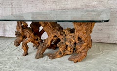 Vintage Sculptural Natural Burlwood Root Dining Table with Rectangular Glass Top