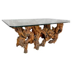 Vintage Sculptural Natural Burlwood Root Dining Table with Rectangular Glass Top