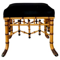 Vintage Regency Style Faux Bamboo Accent Bench with Black Upholstered Seat #2