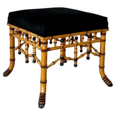 Vintage Regency Style Faux Bamboo Accent Bench with Black Upholstered Seat #2