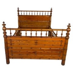 Antique French Faux Bamboo Bed Frame, Stained Pine