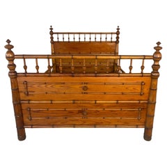 Antique French Faux Bamboo Bed Frame, Stained Pine