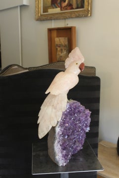 Rose Quartz Bird Sculpture on Amethyst Base, Aesthetic Movement