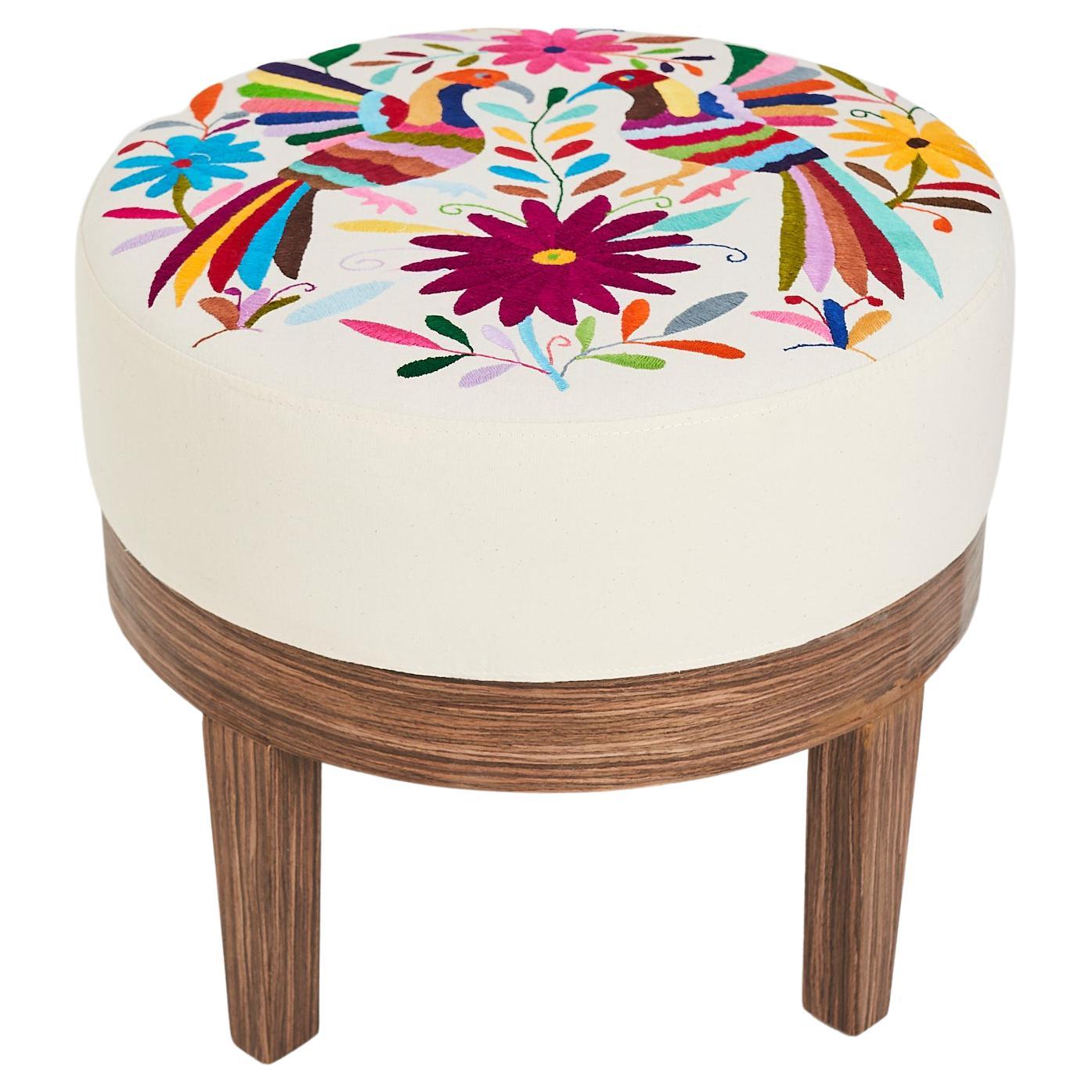 Round Stool with Artisan Embroidery