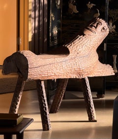 Banc d'art outsider avec visage, sculpté à la main, Twentieth