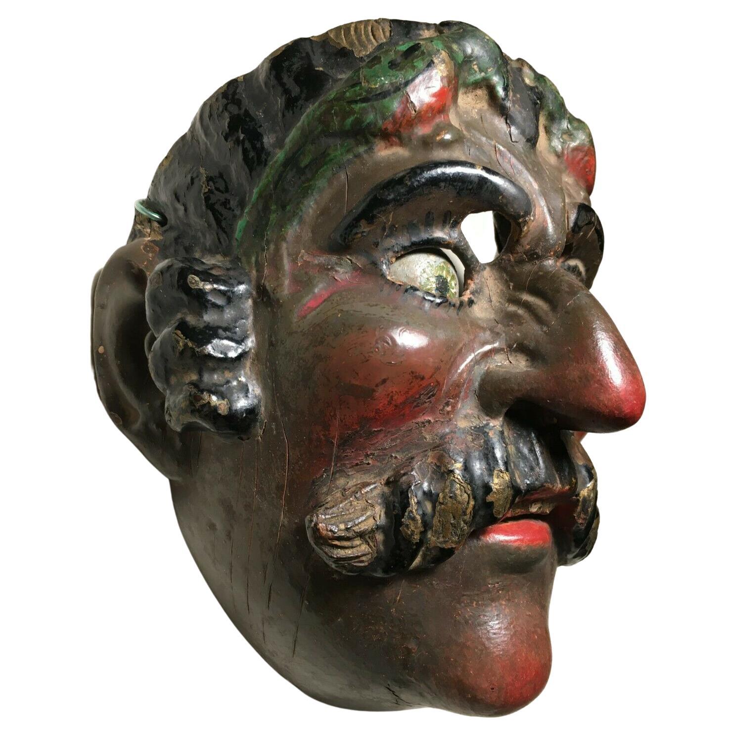 Rare Antique Guatemalan Wooden Dance Mask Patina Spinning Glass Eyes AP Morería! For Sale 7