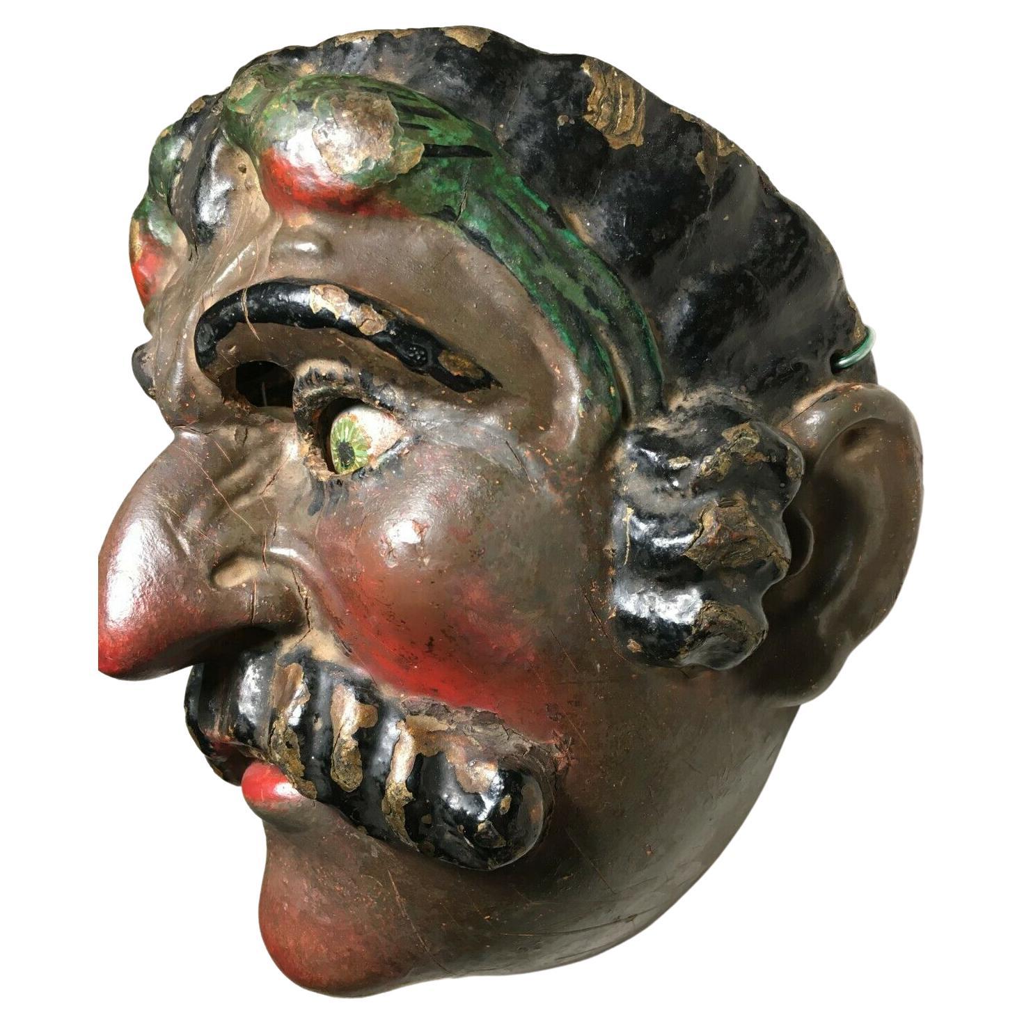Rare Antique Guatemalan Wooden Dance Mask Patina Spinning Glass Eyes AP Morería! For Sale 3