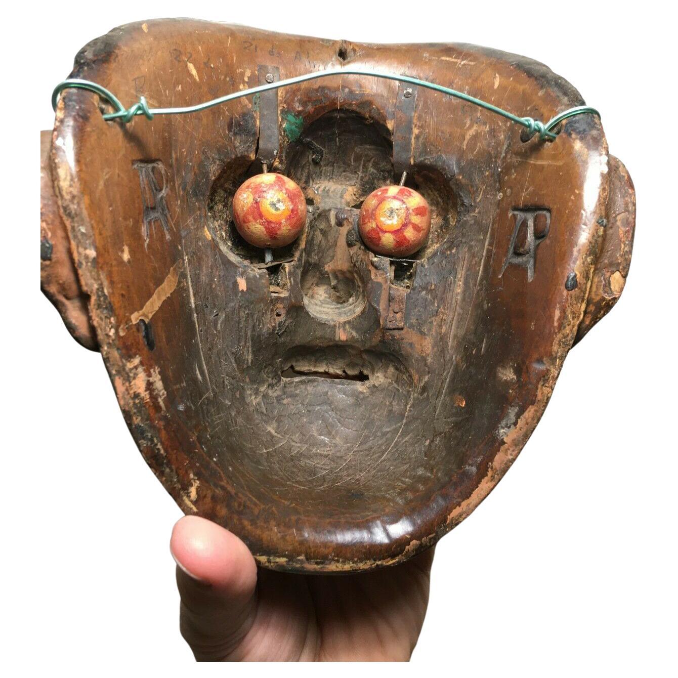 Rare Antique Guatemalan Wooden Dance Mask Patina Spinning Glass Eyes AP Morería! For Sale 2