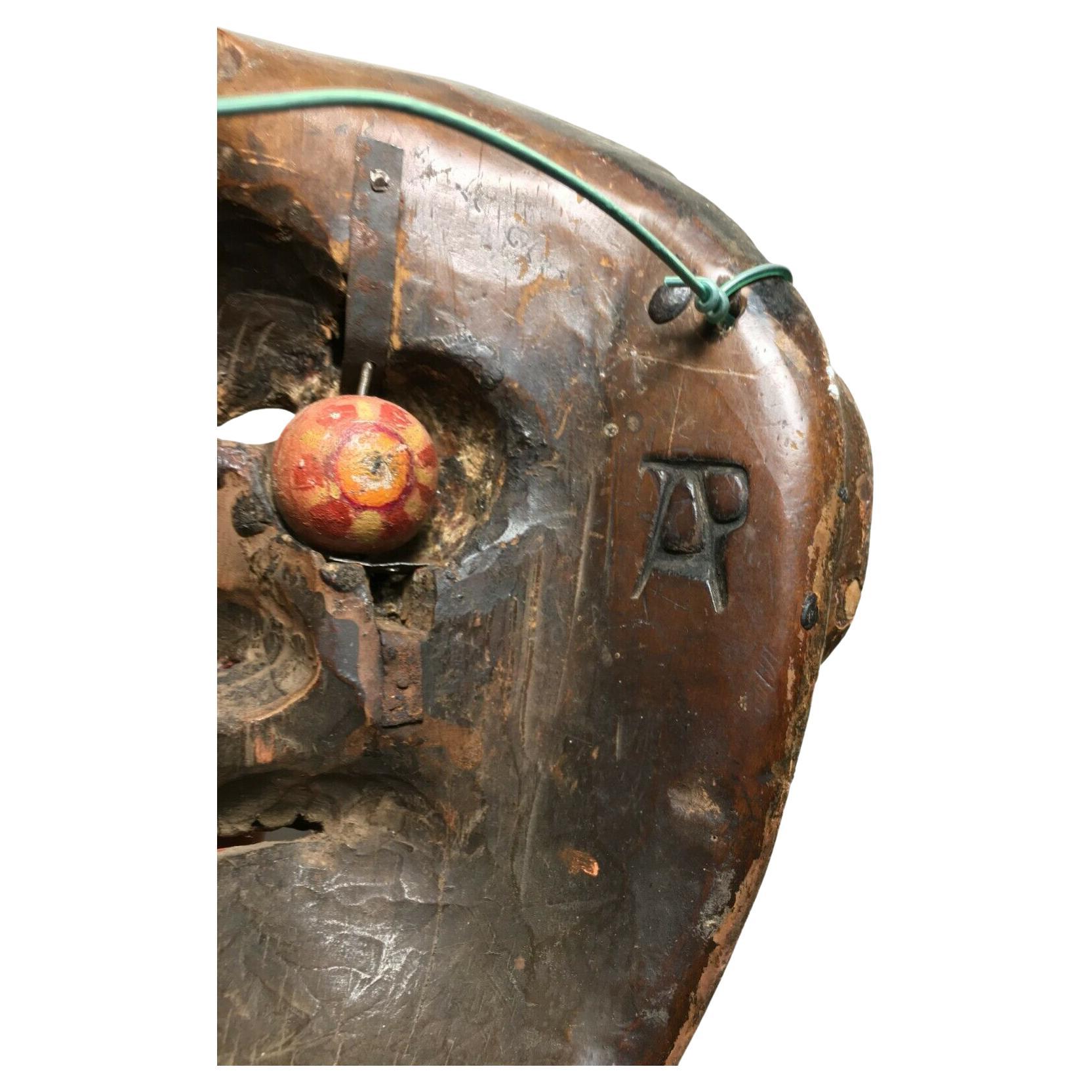 Rare Antique Guatemalan Wooden Dance Mask Patina Spinning Glass Eyes AP Morería! For Sale 1