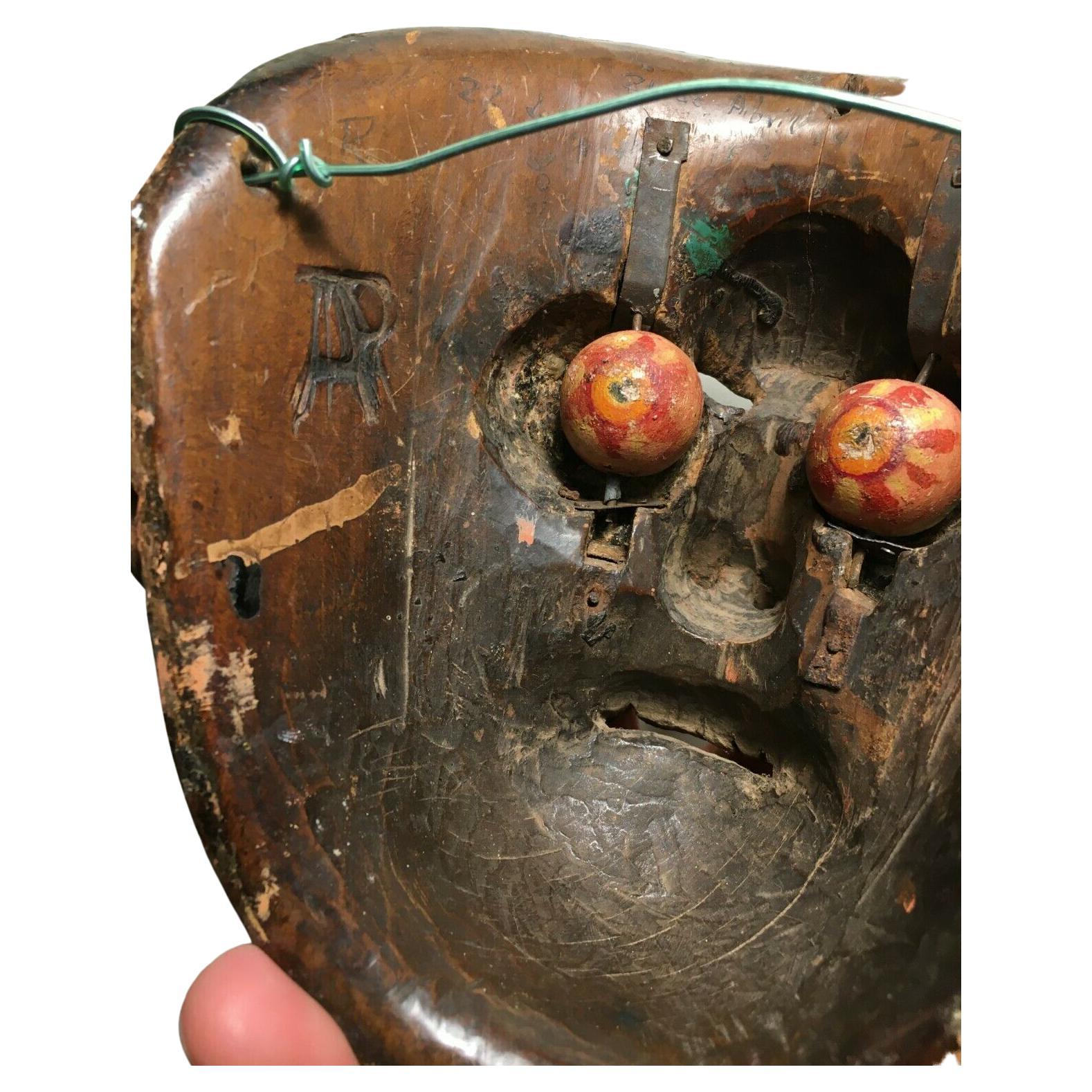 Cedar Rare Antique Guatemalan Wooden Dance Mask Patina Spinning Glass Eyes AP Morería! For Sale