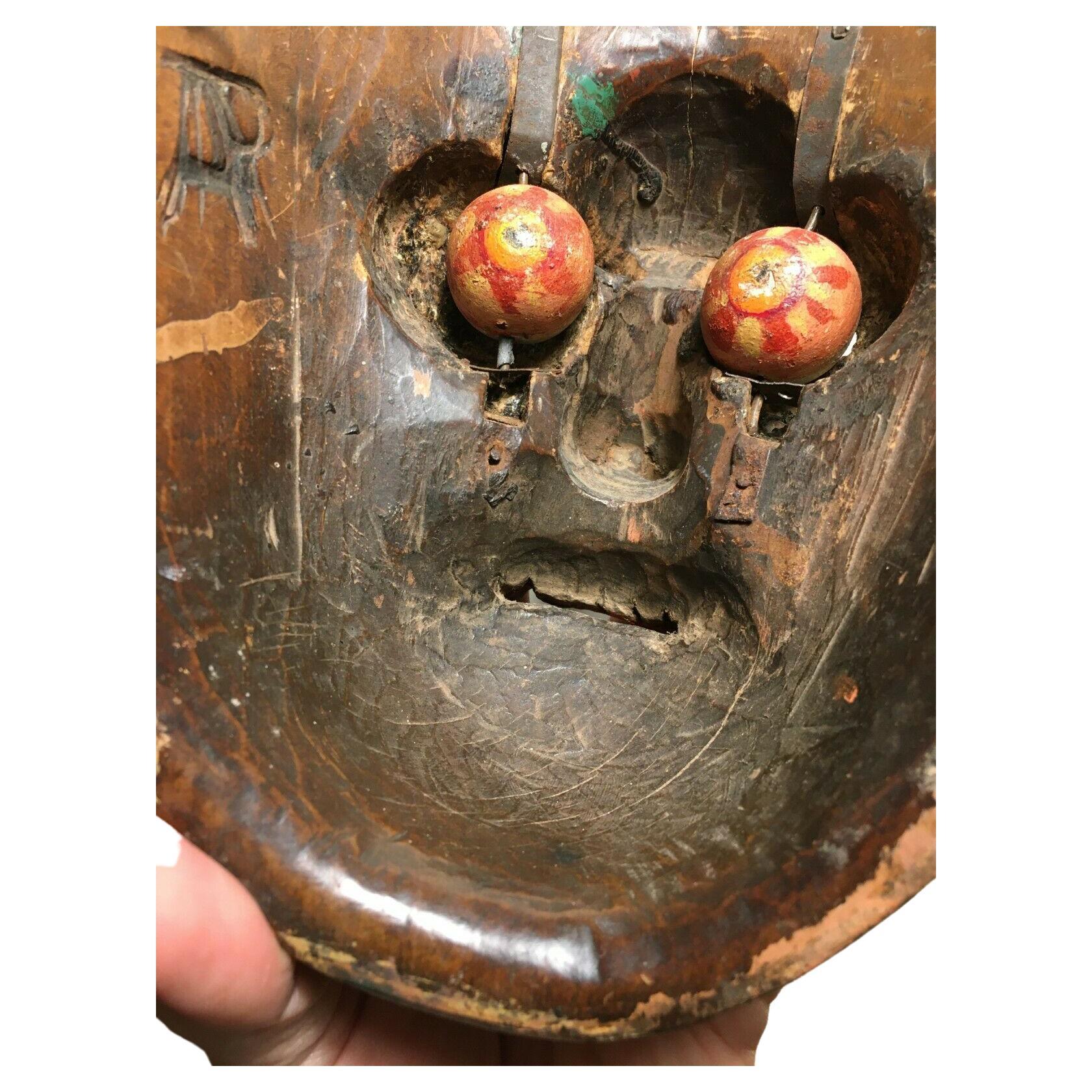 Mid-20th Century Rare Antique Guatemalan Wooden Dance Mask Patina Spinning Glass Eyes AP Morería! For Sale
