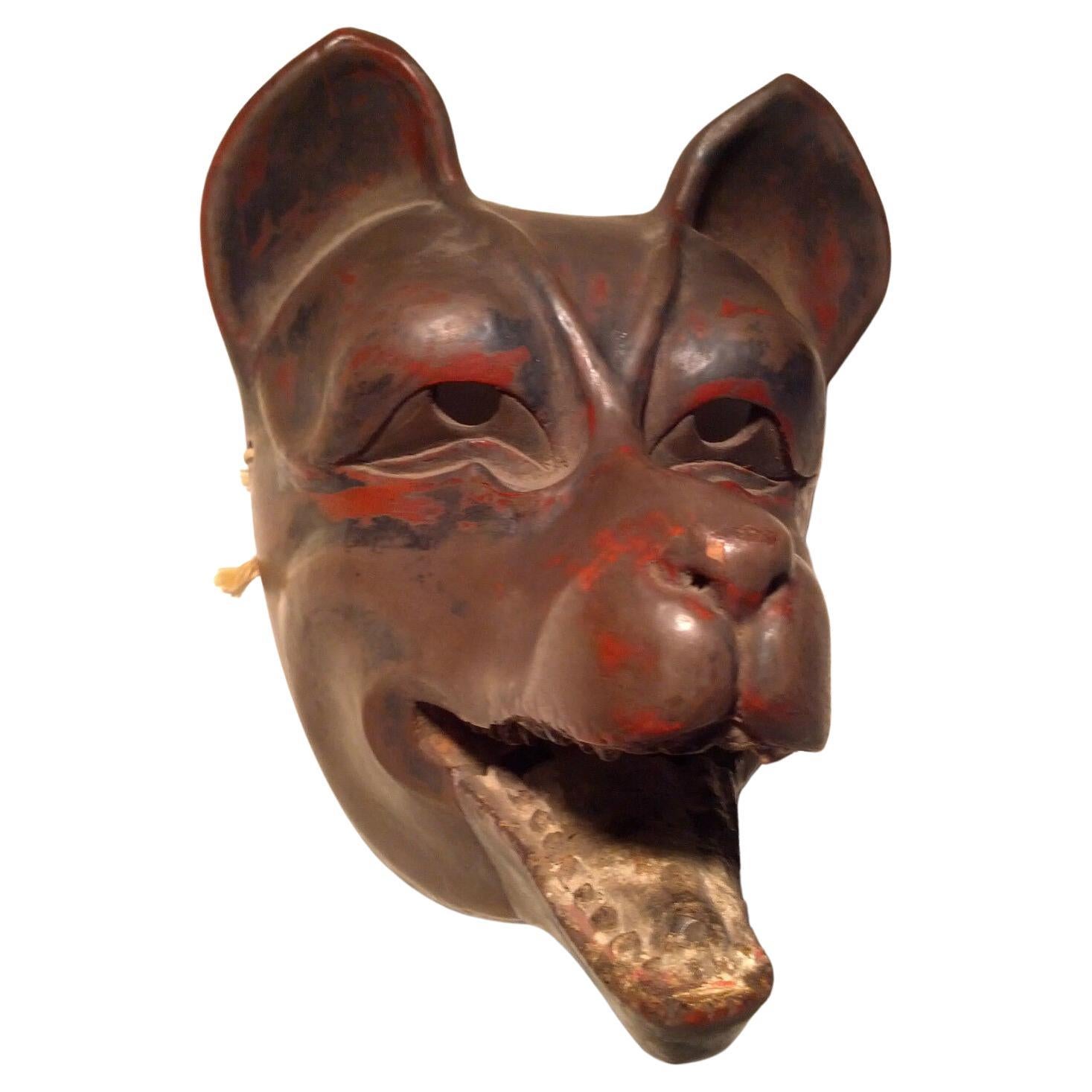 Antique, Danced, w/Patina Japanese Kitsune 'Fox' Mask w/Articulating Jaw, Signed For Sale