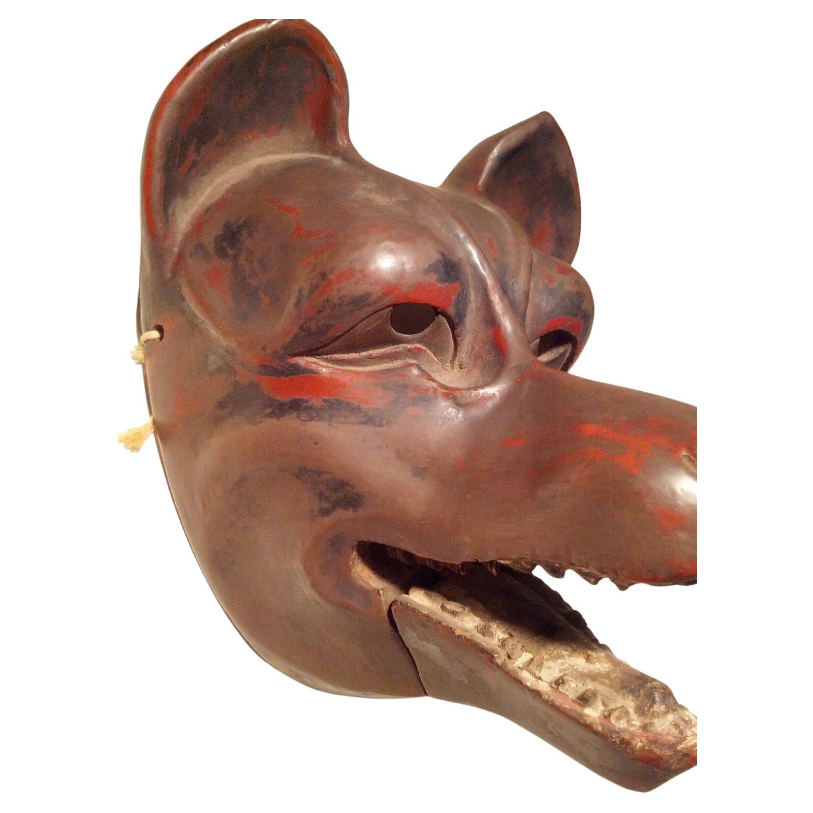 Antique, Danced, w/Patina Japanese Kitsune 'Fox' Mask w/Articulating Jaw, Signed For Sale 3
