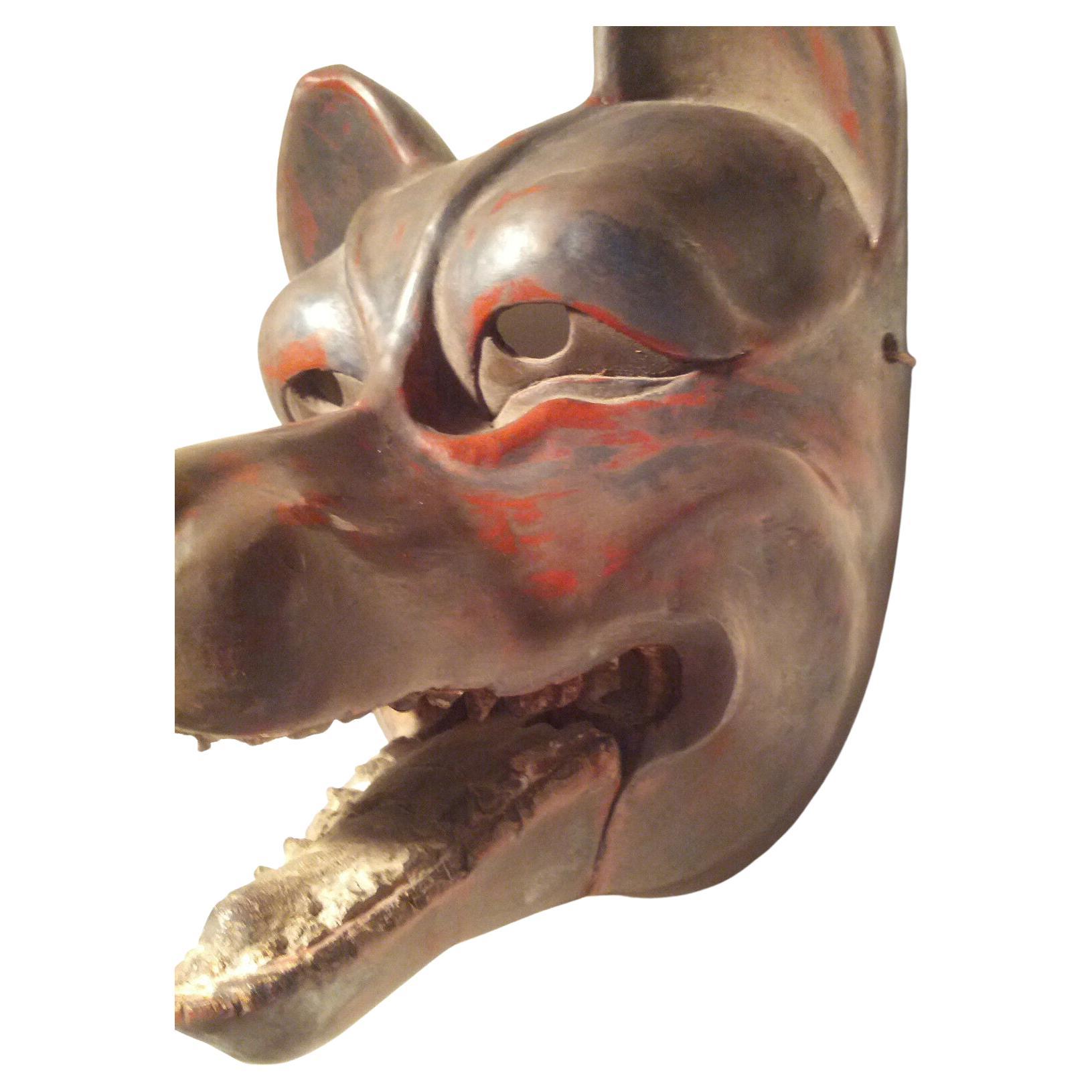 Antique, Danced, w/Patina Japanese Kitsune 'Fox' Mask w/Articulating Jaw, Signed For Sale 1