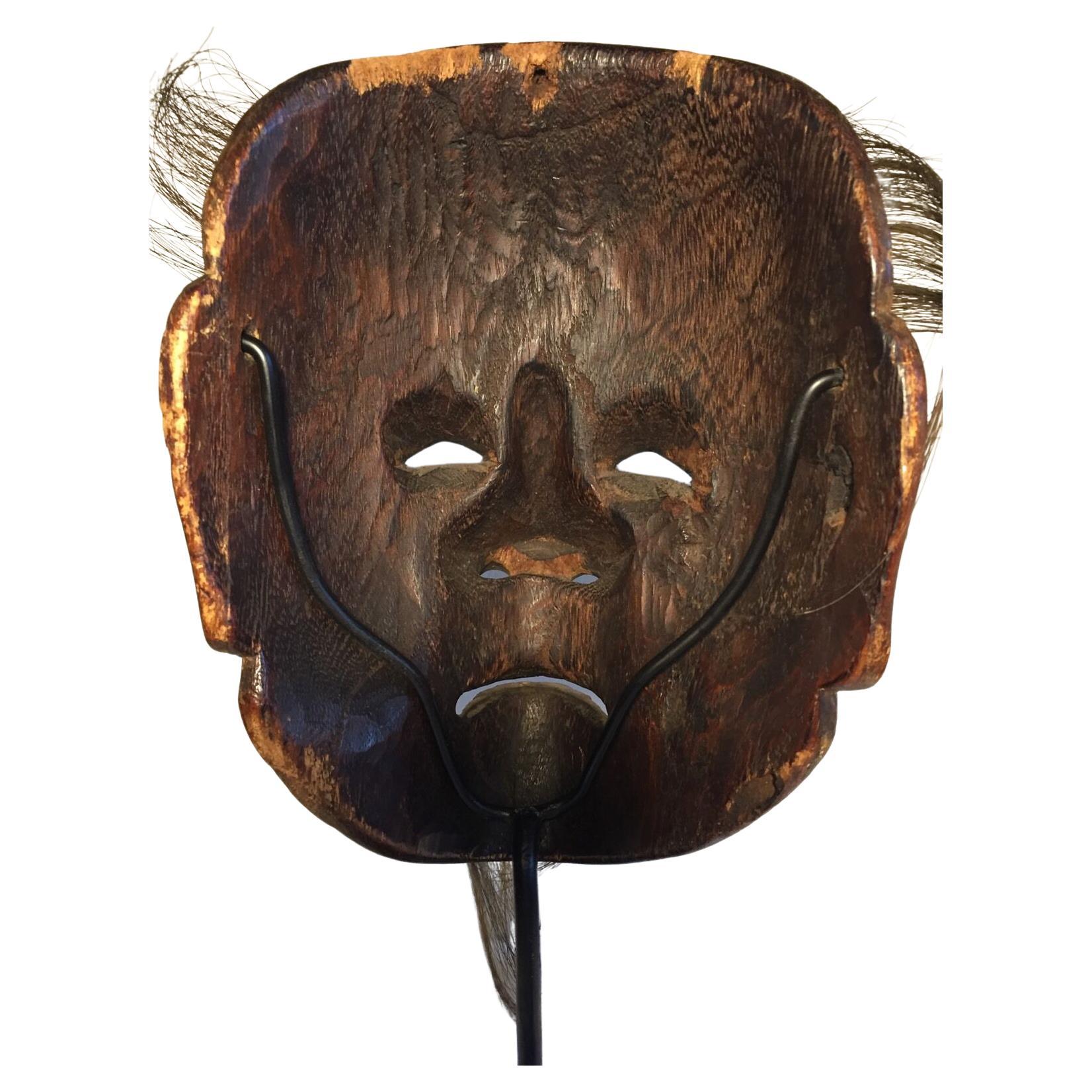 • Antique 17th cent., Noh mask
• Evidence of wearing and noticeable patina
• Ergonomic, right sized to be worn
• Notable rubbing where strings once attached 
• Horse hair
• 
