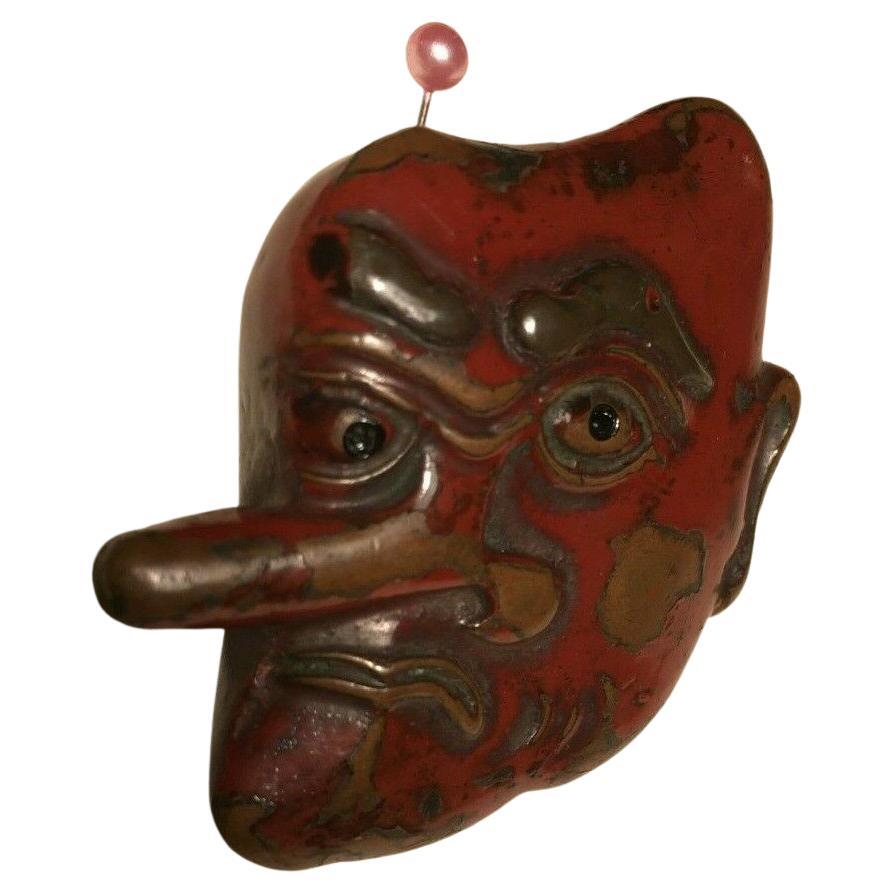 Antique Japanese Tengu "Heavenly Dog" Wooden-Copper Netsuke Mask Men-Netsuke! For Sale