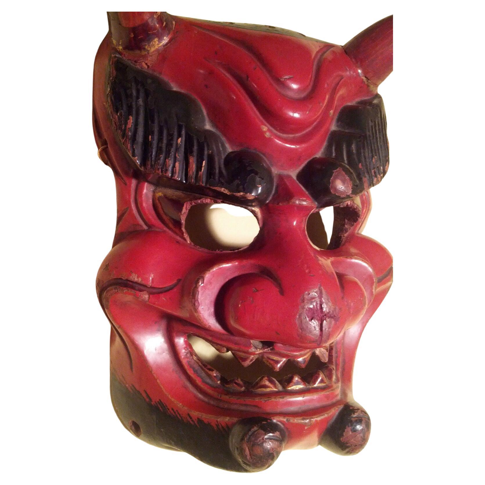 Antique, Danced, Japan/Japanese Wooden Ao-Oni Mask Annual Setsubun "Devil" For Sale