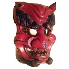 Antique, Danced, Japan/Japanese Wooden Ao-Oni Mask Annual Setsubun "Devil"