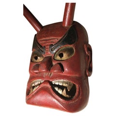 Vintage, Danced, Japan/Japanese Wooden Ao-Oni Mask Used in Annual Setsubun