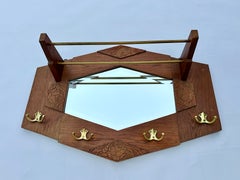 Antique French Hallway Rack - Carved Wood Mirror with Hat Shelf & Brass Hooks