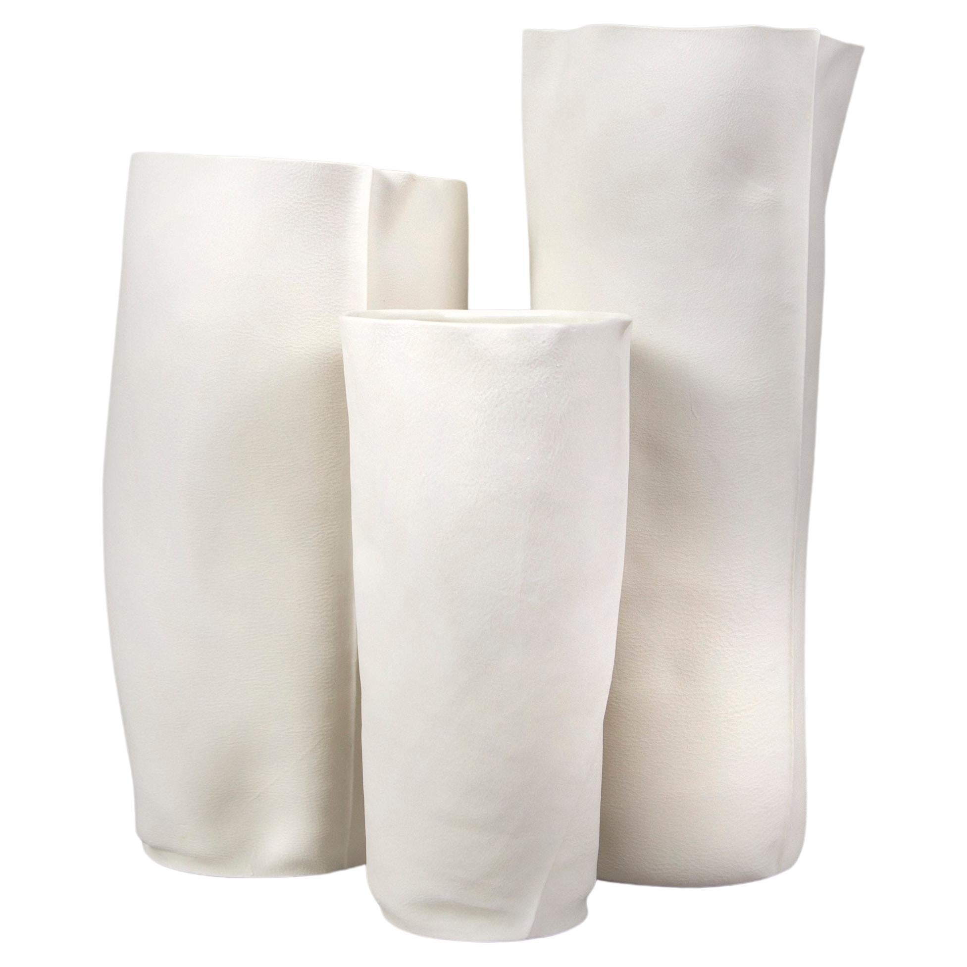 Set of 3 White Ceramic Kawa Vessels, Leather textured organic Porcelain vases