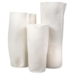 Set of 3 White Ceramic Kawa Vessels, Leather textured organic Porcelain vases