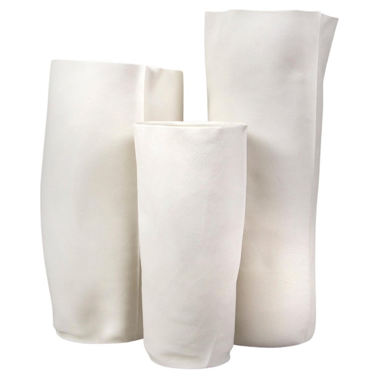 Set of 3 White Ceramic Kawa Vessels, Leather textured organic Porcelain vases For Sale