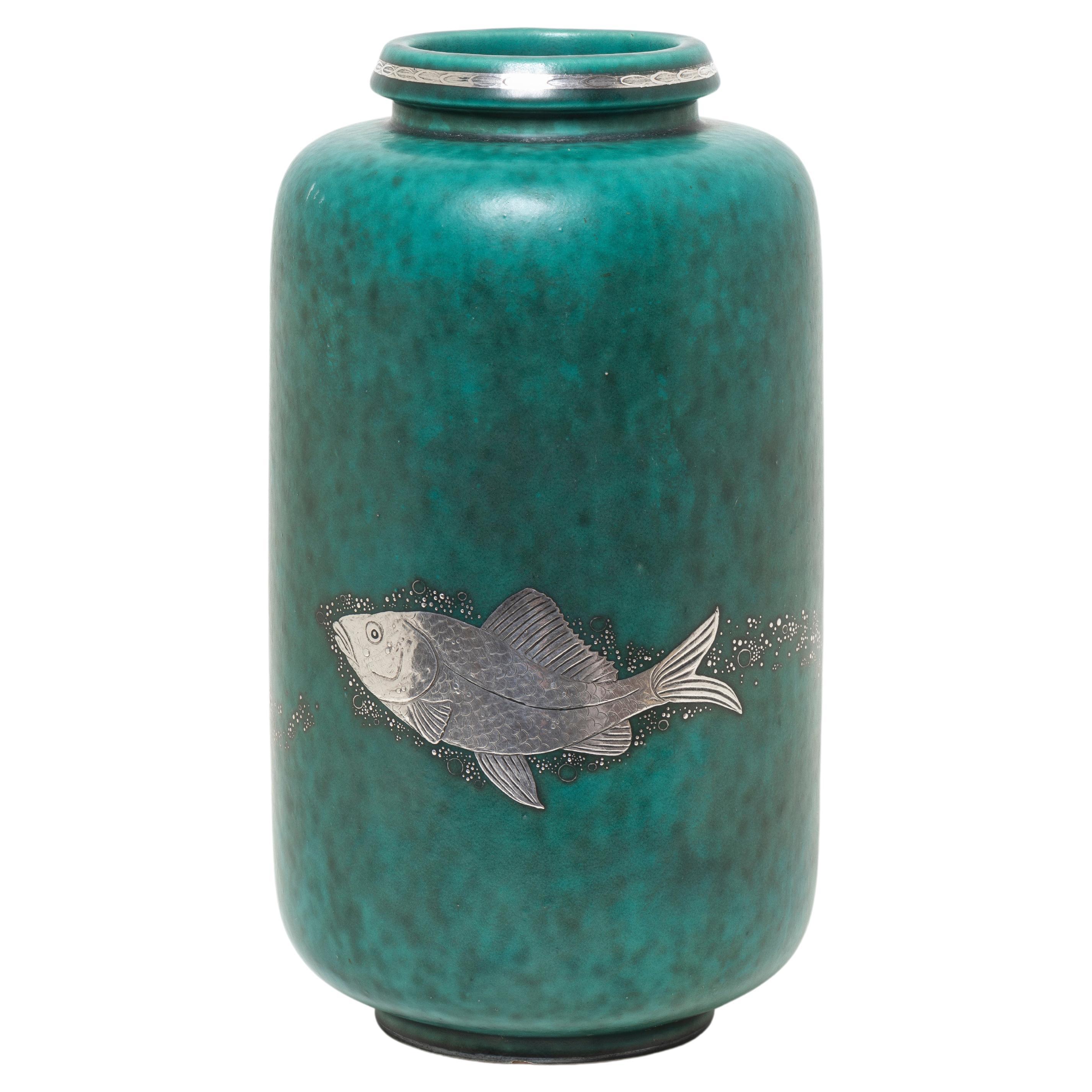 Swedish Art Deco Triple Sterling Fish Aquamarine Vase, 1940's For Sale