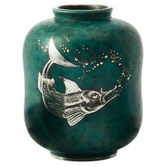 Retro Swedish Modern Wilhelm Kage Argenta Stoneware and Silver Vase, Argenta Fish Vase