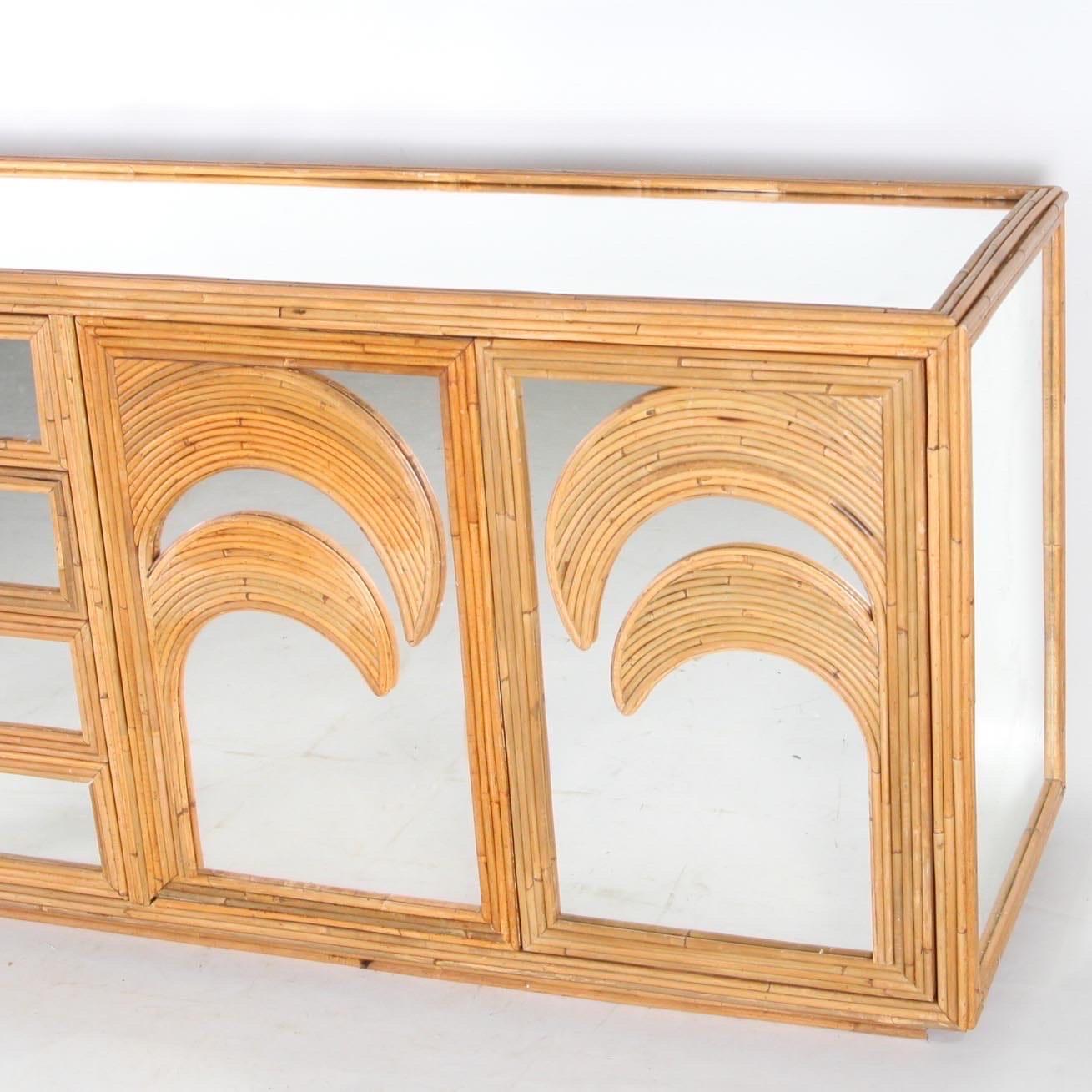 Mid-Century Modern Rare Very Large Rattan and Mirror Sideboard