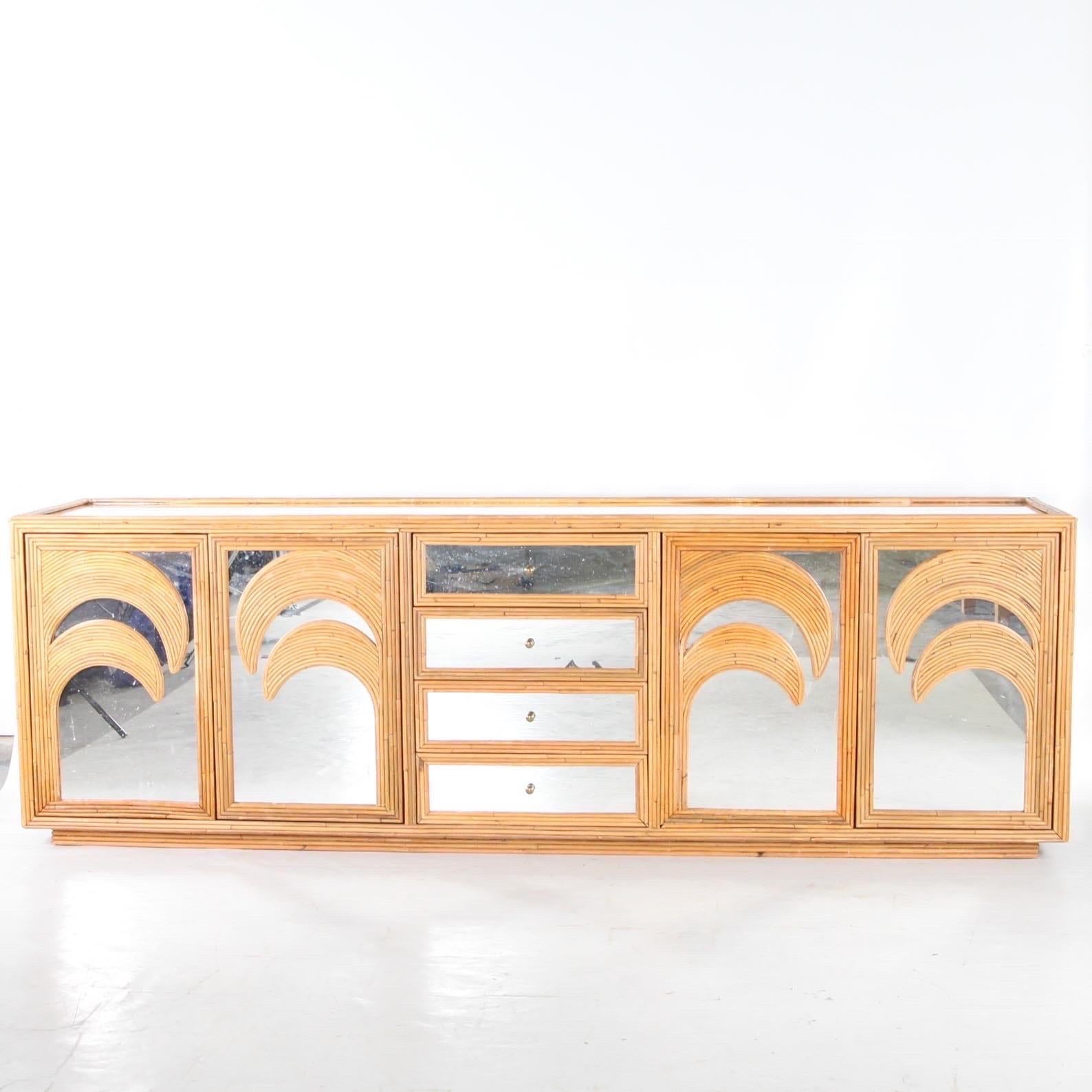 Contemporary Rare Very Large Rattan and Mirror Sideboard